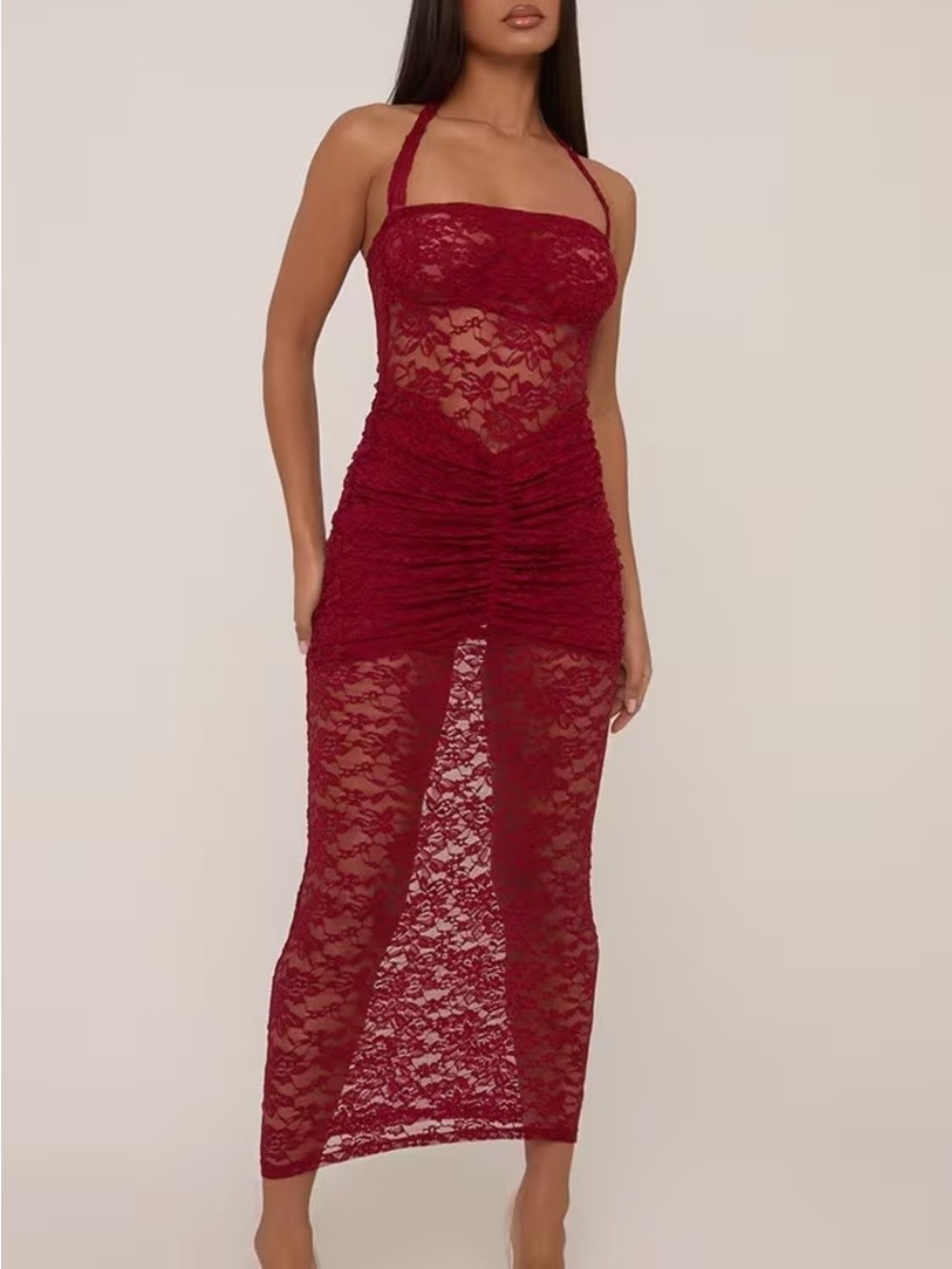 EGO Burgundy Lace Halterneck Ruched Maxi Bodycon Dress NWT Size 4